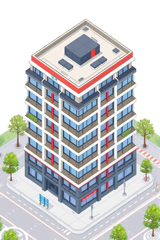 Create a high-resolution isometric illustration of a modern multi-story building with a flat roof and red accents, using a 35mm lens, f/8 aperture, ISO 200, and a soft focus style with clear details.