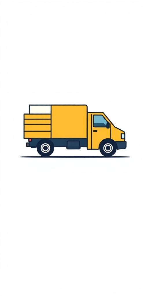 Create a high-resolution image of a simple delivery truck icon with a clean design and minimal colors, using a DSLR camera with a 50mm lens at f/8, ISO 100, and a clean white background for enhanced clarity and focus.