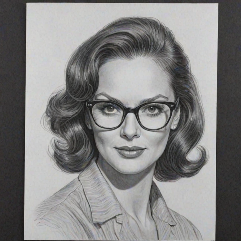 Splendid Lesley Ann Warren, pencil sketch, portrait of Resplendent woman 1949s in glasses, hair style beatnik, outline, clear lines, fine lines, 8k