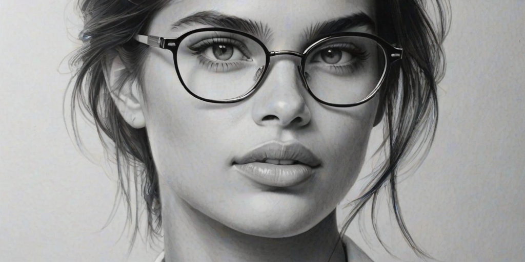 Captivating Sara Sampaio, pencil sketch, portrait of Gorgeous woman 1962s in glasses, hair style beatnik, outline, clear lines, fine lines, 8k