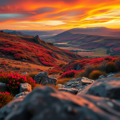 Generate a high-resolution image of a scenic landscape with vibrant colors and dynamic lighting, captured using a DSLR camera at f/8 aperture, ISO 100, 1/250 sec shutter speed, wide-angle lens, from a low angle view, in landscape orientation.