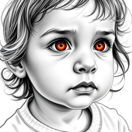 A hyperdetailed photorealistic black and white sketch of a beautiful toddler with deep orange eyes, with a macro focus