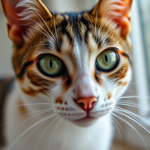 close-up portrait of a domestic cat with striking green eyes and prominent whiskers, natural light, aperture f/2.8, shutter speed 1/160s, ISO 100, macro lens, shallow depth of field, focus on the eyes, soft blurred background.