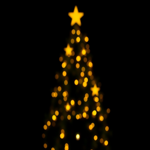 Create a glowing Christmas tree with golden stars against a black background, captured with a DSLR camera, f/1.8 aperture, ISO 100, 50mm lens, using a bokeh style for a dreamy effect.