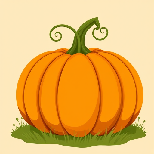 Create an illustration of a large vibrant orange pumpkin with a curly green stem and green leaves on top sitting on a patch of grass against a soft beige background.
