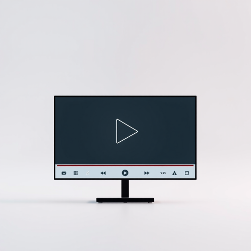 Create a high-resolution image of a minimalist video player interface with a large triangular play button in the center, using a Canon EOS R5 camera, aperture f/5.6, ISO 100, and a 50mm lens, capturing the screen at an angle to showcase the button and controls clearly.