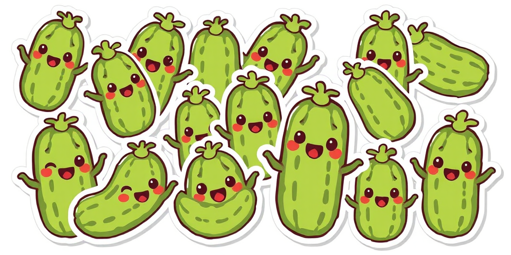design a bunch of kawaii pickle stickers, 2d digital art, white background, sticker line weight