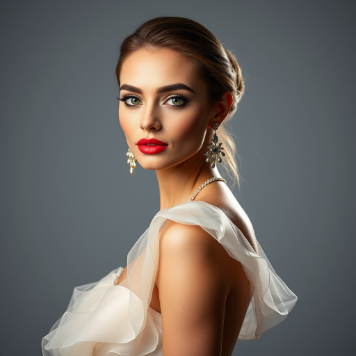 Studio portrait, female model, elegant couture dress, bold makeup, dramatic lighting, Shoot over the shoulder using a telephoto lens to focus on small details like jewelry, makeup, or fabric textures