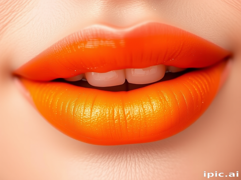 Ombre gradient lips transitioning from soft peach to vivid tangerine, dubbed "Citrus Sunrise," with a satin finish and fine, shimmering golden flecks throughout