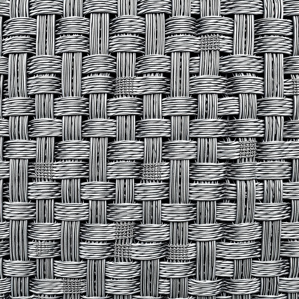 create a high-resolution black and white woven texture pattern with intricate detailing, shot with a DSLR camera at f/8, 1/125s, ISO 100, overhead view, using a macro lens for enhanced sharpness and clarity
