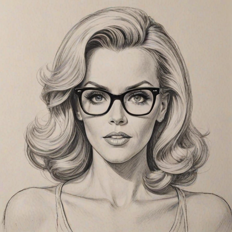 Fetching Jenny McCarthy, pencil sketch, portrait of Alluring woman 1951s in glasses, hair style beatnik, outline, clear lines, fine lines, 8k