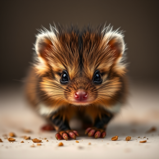 create an image of a cute, fluffy mammal with spiky fur and small round eyes, in a studio setting with soft lighting, ISO 200, aperture f/2.8, shutter speed 1/125s, captured with a macro lens on a DSLR camera, focusing on the subject with a blurred background to enhance image quality.