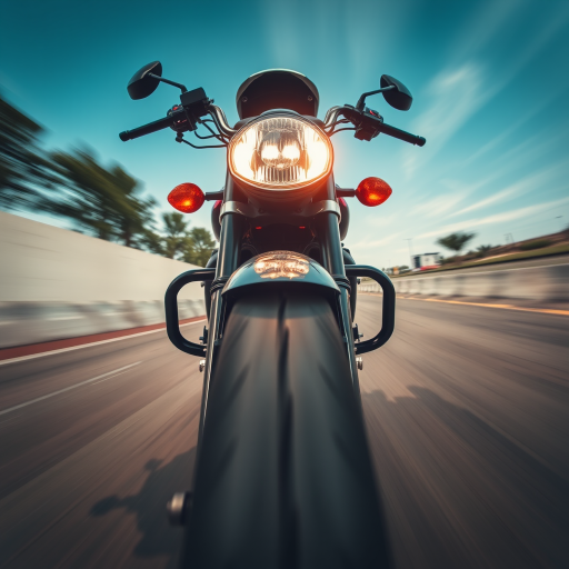 Capture a high-resolution image of a motorcycle from a low-angle perspective, using a 50mm lens at f/2.8, ISO 100, 1/250s shutter speed, with a focus on the bike's details and motion blur in the background to emphasize speed.