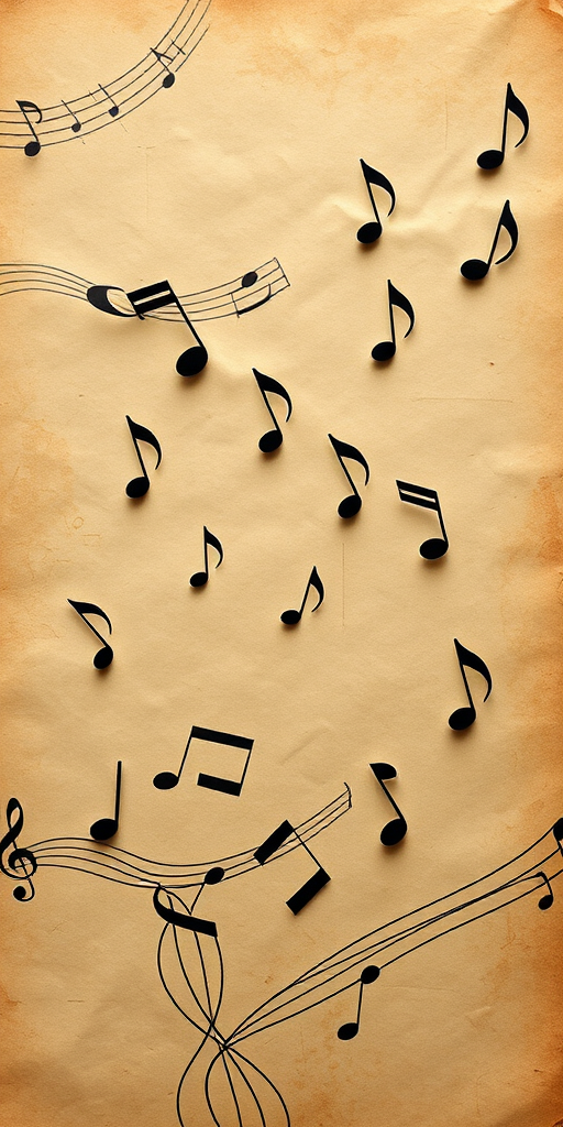 Create an artistic representation of musical notes flowing over a textured vintage paper background, captured with a DSLR camera at 50mm focal length, f/8 aperture, ISO 100, soft natural lighting for enhanced detail and warmth.