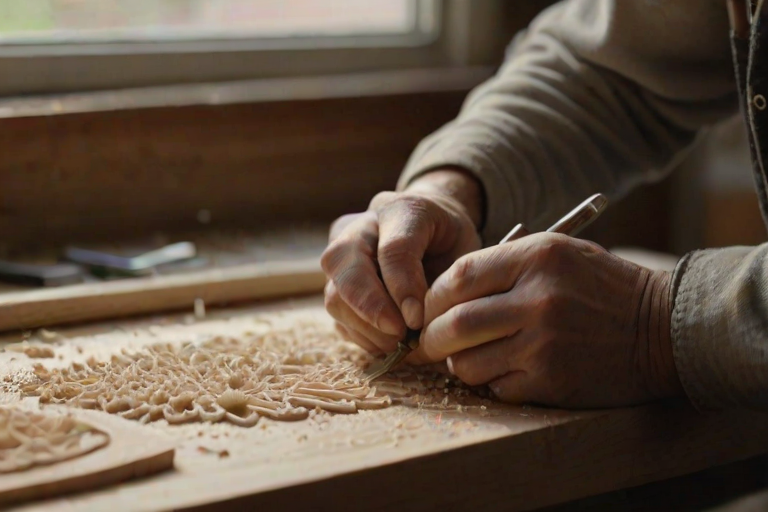 Softly focused close-up of an artisan carving intricate designs into a piece of wood, soft natural light streaming through a nearby window, with tiny wood shavings scattered on the workbench.