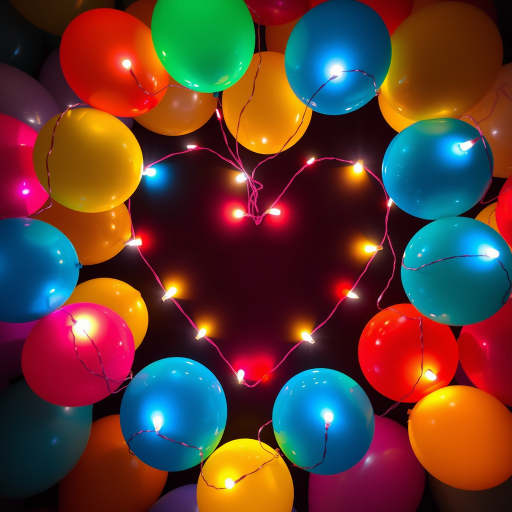 Create a vibrant heart shape made of colorful balloons and lights, shot with a Canon EOS R5 at f/5.6, ISO 100, 1/250s, with a macro lens from a top-down view for maximum detail and clarity.