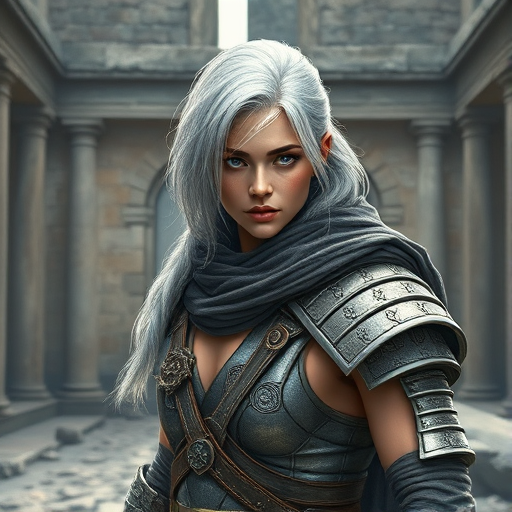 Create a highly detailed digital painting of a warrior with silver hair and blue eyes standing in an ancient ruins background, using a DSLR camera with 50mm lens, f/1.8 aperture, ISO 100, and soft natural lighting for depth and clarity.