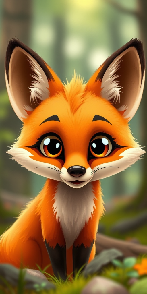 Create a highly detailed digital illustration of a cute cartoon fox with large expressive eyes and vibrant orange fur, captured using a DSLR camera at f/1.8 aperture, ISO 100, 50mm lens, shallow depth of field for background blur, natural lighting in a forest setting.