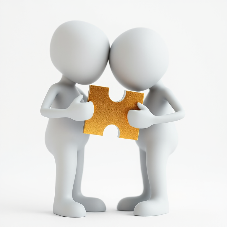 Create an image of two abstract figures embracing while holding a golden puzzle piece together, shot with a Canon EOS 5D Mark IV, 50mm lens, f/2.8 aperture, ISO 100, in a soft focus style against a plain white background.