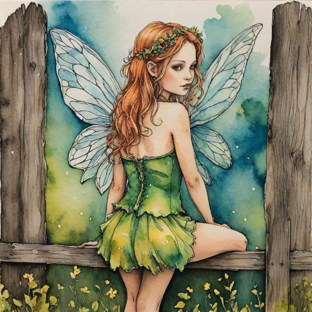 create an image of a fairy from behind sitting on a  fence watercolour and alcohol inks
