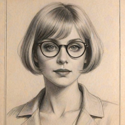 Enchanting Barbara Crampton, pencil sketch, portrait of Resplendent woman 1923s in glasses, hair style beatnik, outline, clear lines, fine lines, 8k