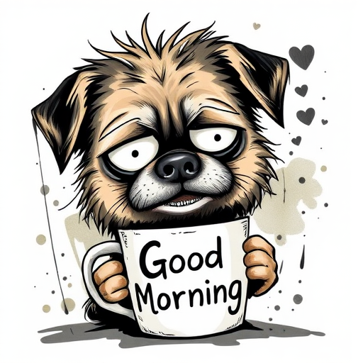 A quirky, artistic illustration of a disheveled puggat dog breed with exaggerated, large eyes and spiky fur, holding a coffee mug that reads "Good Morning". The dog has a tired but humorous expression, with ink splatters and abstract details surrounding it, giving a whimsical feel to the image. The color palette is mostly monochrome with hints of black in the eyes and steam rising from the mug, enhancing the overall sleepy vibe