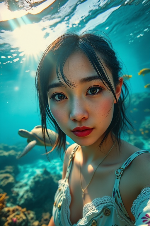 Realistic selfie image of a Asian, wearing a vintage outfit, detailed dreamy eyes, droopy hooded eyes, staring at the camera, taken underwater at coral reef with a sunbeam filtering through the water, vibrant, summer vacation, natural lighting, turtle and school of tropical fish with vibrant colors, rendered in the style of CryEngine, Pegi Nicol MacLeod, with realistic genre scenes, hauntingly beautiful narratives, ultra-realism, and Thomas Saliot's close-up technique, 8K resolution, crystal clear and sparkling water.