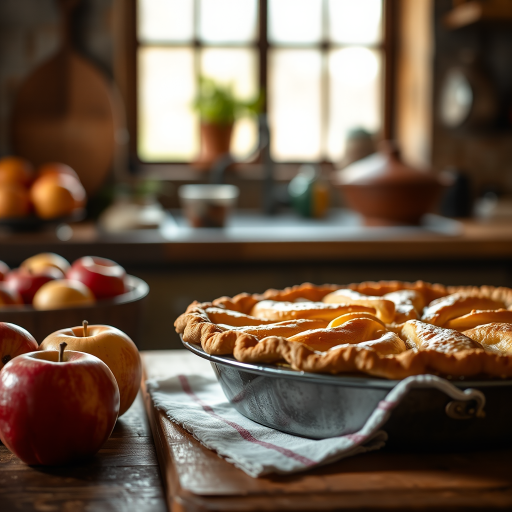 capture a richly detailed apple pie in a rustic kitchen setting with a shallow depth of field, using a Canon EOS R5, 50mm lens, f/2.8 aperture, ISO 100, and natural soft lighting from a nearby window to enhance the warm colors and texture of the pie and surrounding apples