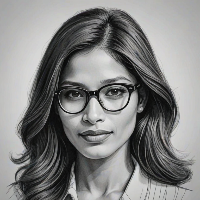 Charming Freida Pinto, pencil sketch, portrait of Gorgeous woman 1939s in glasses, hair style beatnik, outline, clear lines, fine lines, 8k
