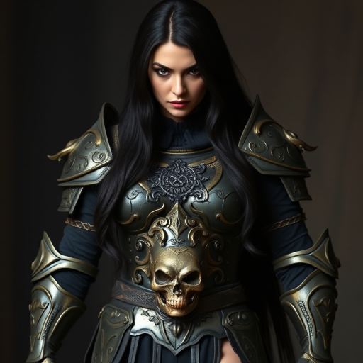 Create a photo of a fierce female warrior with long black hair, wearing an ornate, metallic armor. The armor includes a breastplate with intricate designs, shoulder guards, and gauntlets. The breastplate is decorated with a central emblem, possibly representing a mythical symbol, and has a sculpted, form-fitting design. She wears a belt with a large skull ornament at the center, and her armor extends into a partial skirt, revealing one leg. The overall look is both protective and stylish, with a dark, gothic aesthetic. The background is dimly lit, suggesting a medieval or fantasy setting, enhancing the warrior's imposing presence and intense expression.