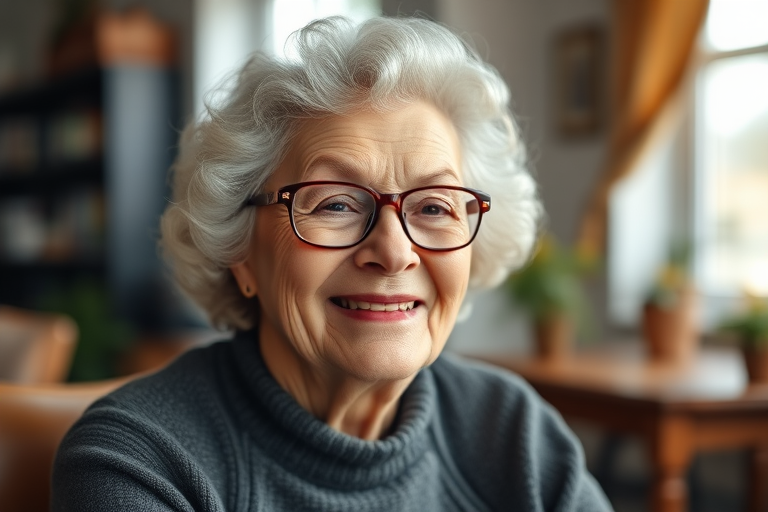 portrait of an elderly woman with curly hair and glasses smiling, soft natural lighting, shallow depth of field, ISO 200, f/2.8, 50mm lens, 85mm camera type, taken in a cozy indoor setting
