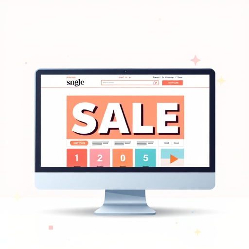 Create a high-resolution illustration of a computer screen displaying an online shopping website with a bold "SALE" banner, use a 50mm lens, f/8 aperture, ISO 100, 1/125s shutter speed, and a front view with a soft gradient background for a clean aesthetic.