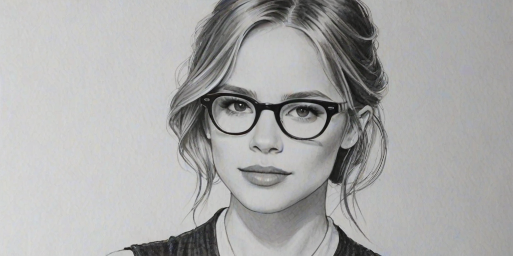 Delightful Halston Sage, pencil sketch, portrait of Splendid woman 1923s in glasses, hair style beatnik, outline, clear lines, fine lines, 8k