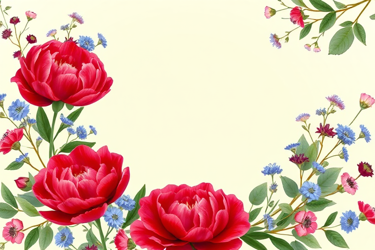 Regenerate a floral frame design with a blank circular center, featuring vibrant red peonies, blue wildflowers, and green eucalyptus leaves on a soft green background, taken with a Canon EOS R5, 50mm lens, f/1.8 aperture, ISO 100, natural soft lighting.