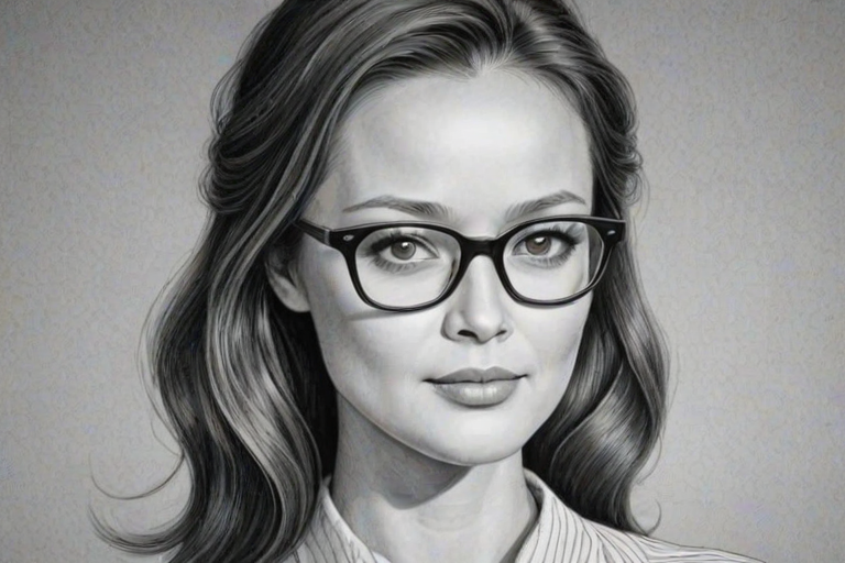Charming Summer Glau, pencil sketch, portrait of Exquisite woman 1955s in glasses, hair style beatnik, outline, clear lines, fine lines, 8k