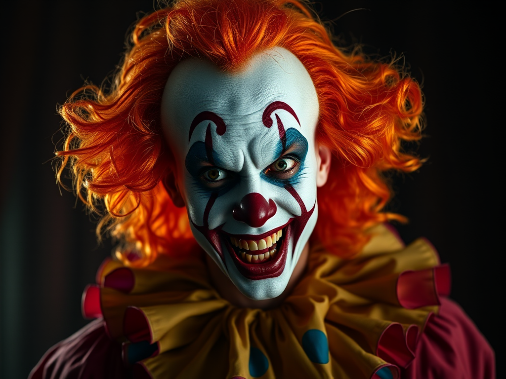 portrait of a sinister clown with vibrant orange and yellow curly hair, detailed face makeup with exaggerated features, wearing a colorful ruffled costume, dramatic lighting with a dark background, captured with a Canon EOS 5D Mark IV at f/1.8, ISO 100, 85mm lens, soft focus on background for depth.