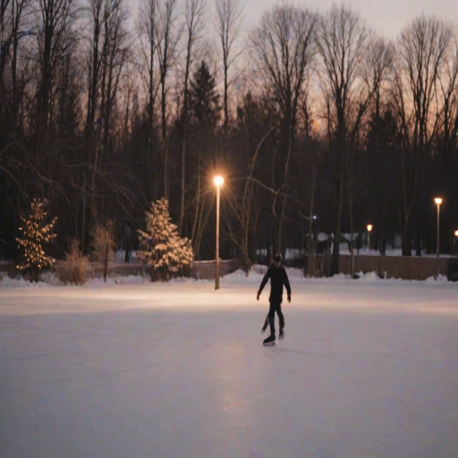 Blurry action shot of a person ice skating on a frozen pond at dusk, soft golden light from a nearby streetlamp illuminating the scene, with snow gently falling and trees swaying in the wind.