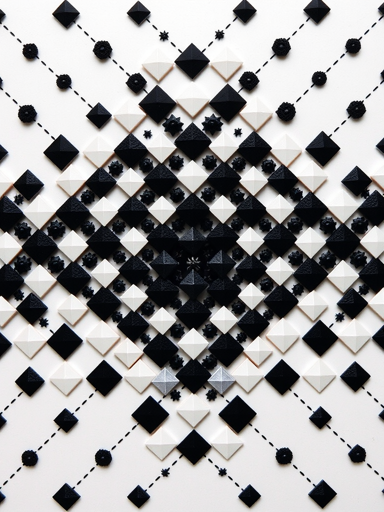 Create a high-resolution abstract pattern consisting of smaller black and white diamonds arranged in a larger diamond formation, focusing on symmetry and contrast, captured with a DSLR camera at f/8 aperture, ISO 100, using a 50mm lens, with a flat lay perspective.