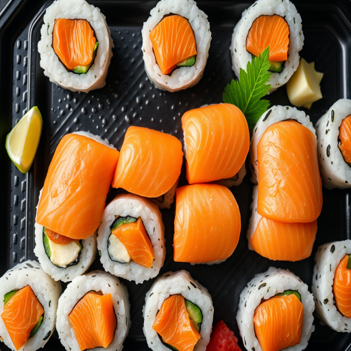 high-resolution image of a sushi platter featuring neatly arranged salmon sushi rolls on a black tray, top-down view, natural lighting, f-stop 4.0, ISO 100, shutter speed 1/125 sec, DSLR camera, 50mm lens