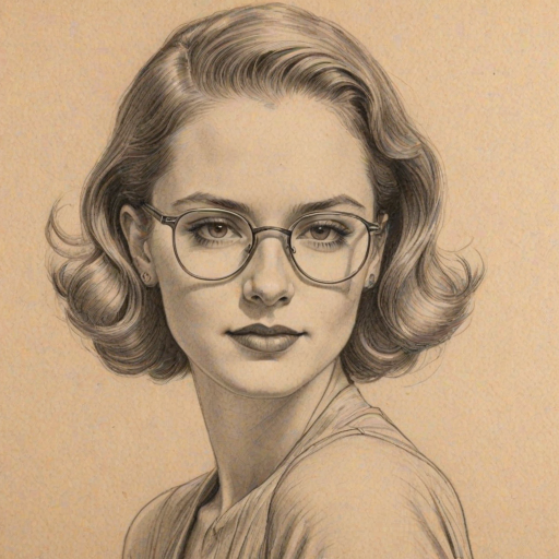 Graceful Caitlin Gerard, pencil sketch, portrait of Enticing woman 1935s in glasses, hair style beatnik, outline, clear lines, fine lines, 8k