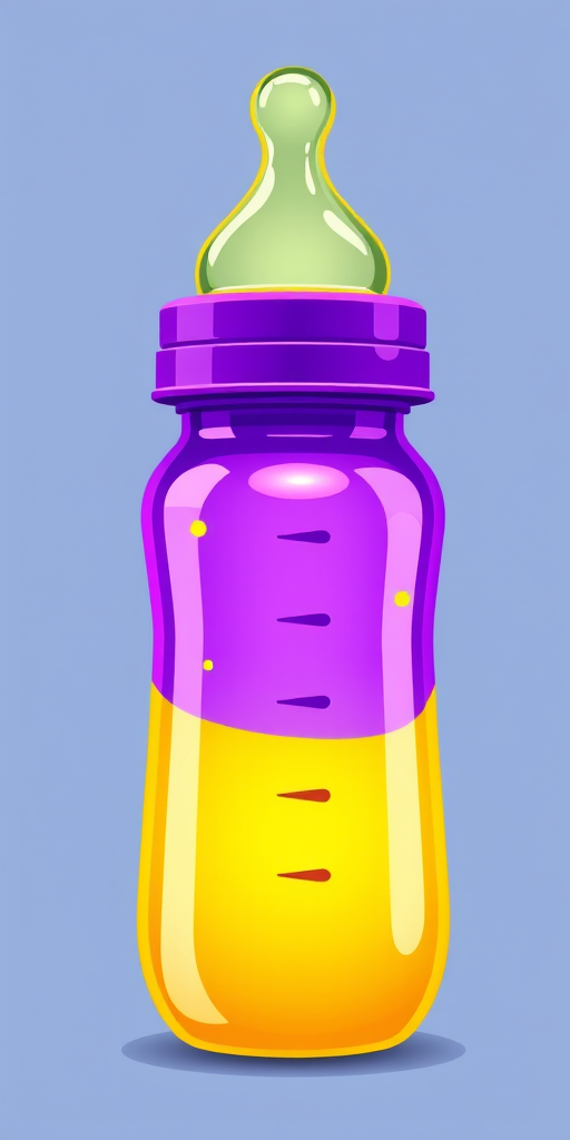 create a high-resolution digital illustration of a baby bottle, with a vibrant purple and yellow design, using a Canon EOS R5 camera, aperture f/2.8, ISO 100, focus 50mm, and soft lighting for enhanced clarity and detail
