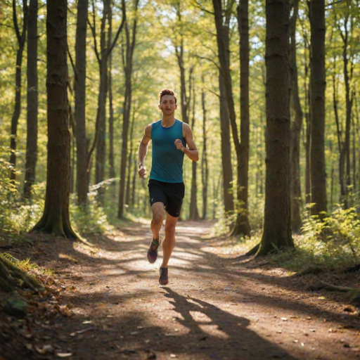 Blurry action shot of a runner jogging through a forest trail, soft focus on the movement, distant trees casting long shadows, and the sound of footsteps on leaves and the distant chirping of birds filling the air.