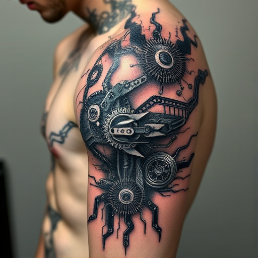 Biomechanical tattoo called "Synthetic Evolution" blending organic forms with mechanical elements to create the illusion of skin peeling away to reveal a complex structure of gears and circuits underneath