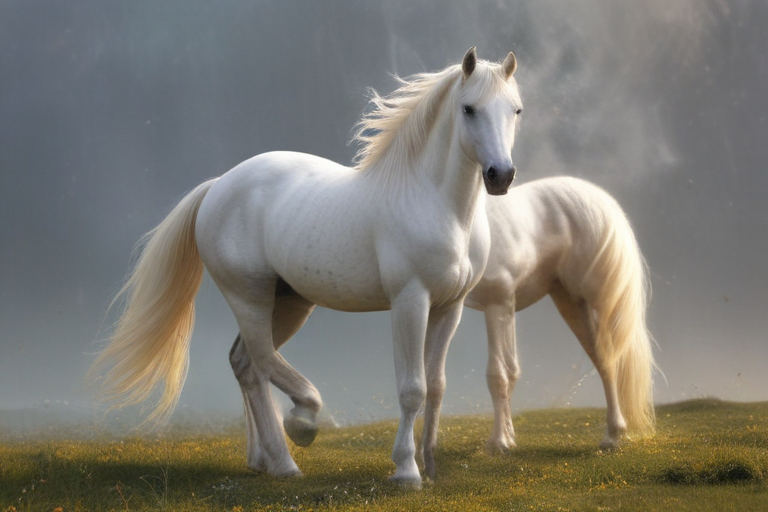 Majestic White Horses Gracefully Roaming Through a Serene Misty Meadow.