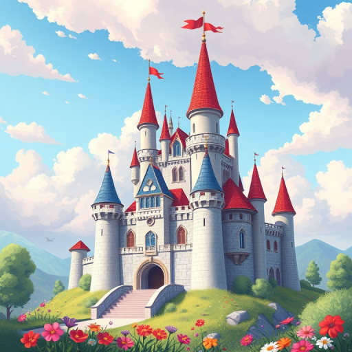 Create a vibrant, detailed illustration of a fairy tale castle with two towers and flags, set in a whimsical landscape with clouds and flowers, using a DSLR camera at f/8 aperture, ISO 100, 24mm lens, with soft natural lighting and a slightly elevated angle for depth.