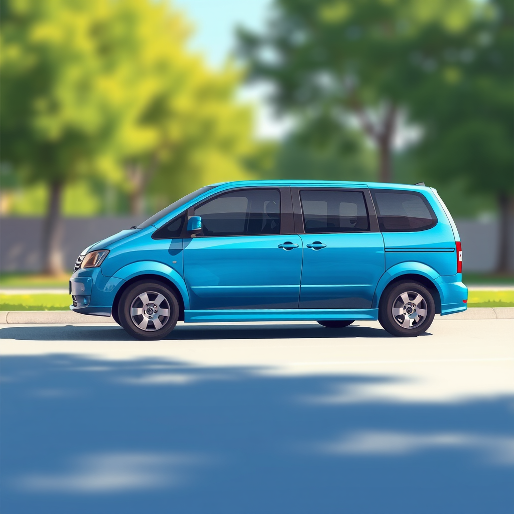 create a digital illustration of a blue minivan viewed from the side, use high resolution, 1080p, with a soft focus effect to enhance depth, apply a slight shadow for realism, using a 50mm lens, f/2.8 aperture, and natural daylight setting