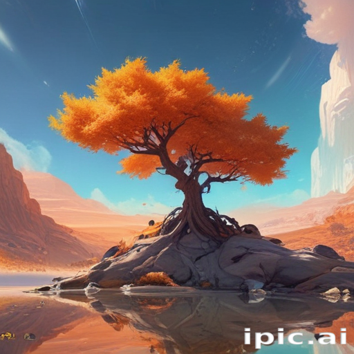 A Majestic Orange Tree Standing Alone by a Serene Lake Landscape.