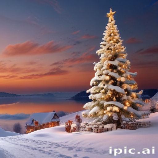 A Beautiful Winter Scene Featuring a Snow-Covered Christmas Tree at Dusk.
