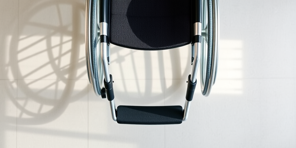 Create a high-resolution image of a wheelchair with a simple and modern design, using a DSLR camera at f/8 aperture, ISO 100, 50mm lens, in natural lighting and a flat lay perspective.