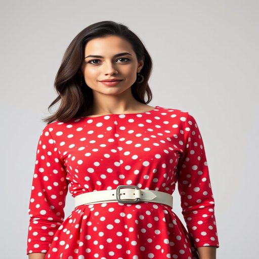 A woman in a red polka dot dress with a white belt, standing confidently, studio lighting, focal length 50mm, aperture f/2.8, ISO 100, high dynamic range, portrait orientation, DSLR camera